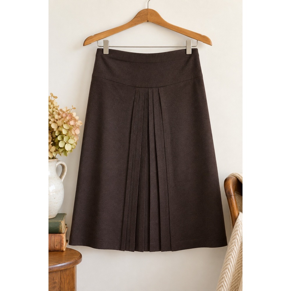 Silk Cashmere Wool Blend Brown Pleated Midi Neutral Skirt Quiet Luxury Size M